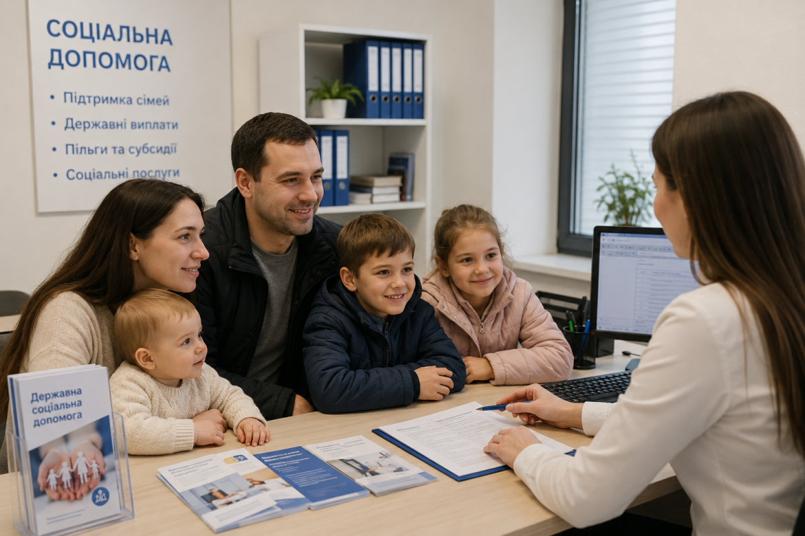 Сім'я з трьома дітьми на консультації у відділі соціальної допомоги населення