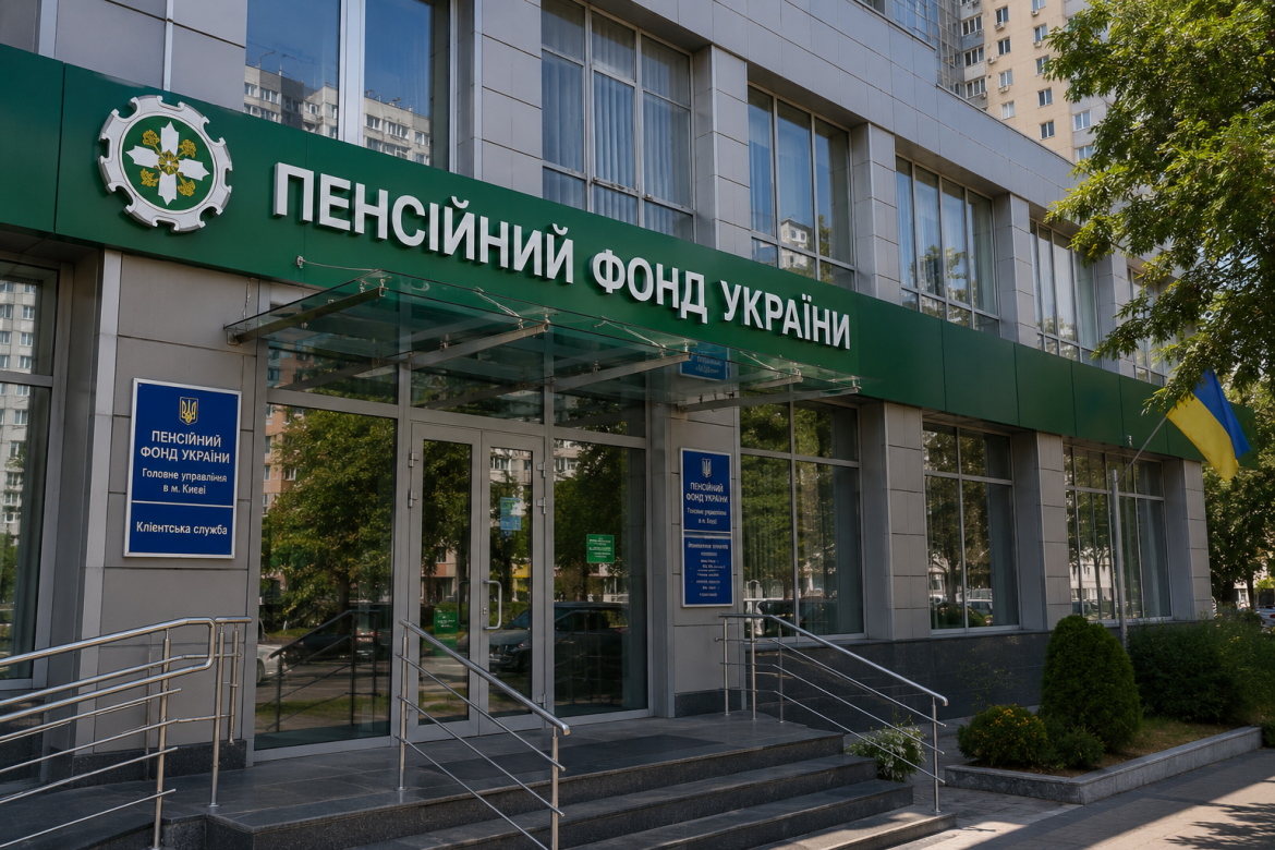 Фасад головного управління Пенсійного фонду України у Києві з логотипом та прапором