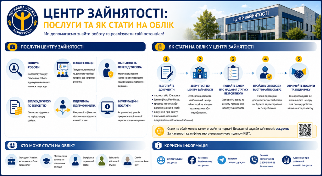 Інфографіка з послугами Державної служби зайнятості та покроковою інструкцією постановки на облік безробітного