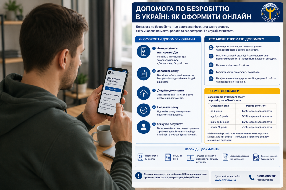 Чоловік оформлює допомогу по безробіттю онлайн через портал Дія на смартфоні поряд з інфографікою