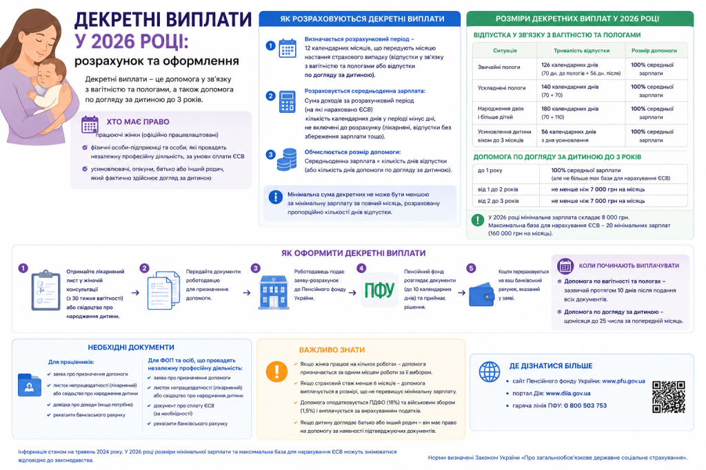 Інфографіка з розмірами декретних виплат у 2026 році та покроковим порядком їх оформлення