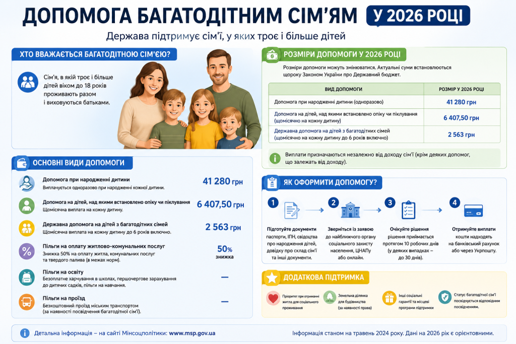 Інфографіка з видами та розмірами державної допомоги багатодітним сім'ям у 2026 році