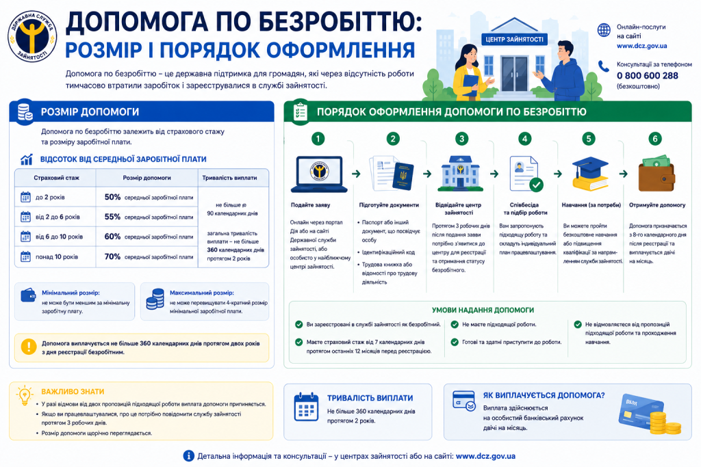 Інфографіка з розмірами та покроковою інструкцією оформлення допомоги по безробіттю в Україні