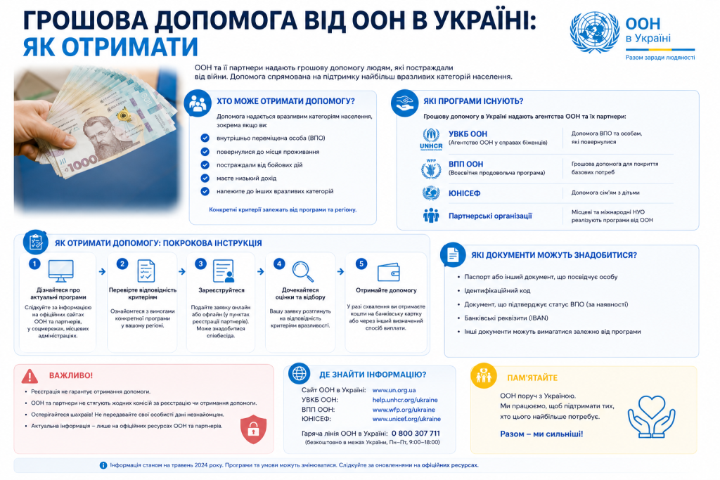 Інфографіка з покроковою інструкцією отримання грошової допомоги від ООН та її партнерів в Україні