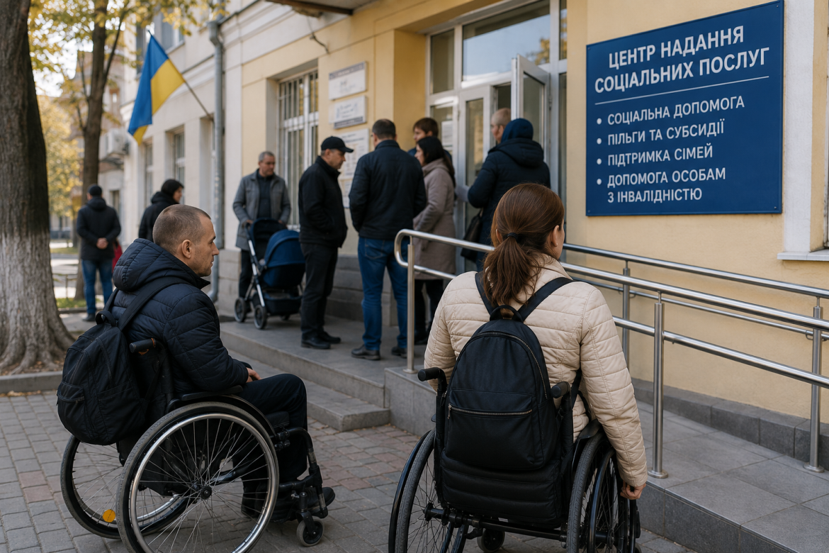 Двоє людей на інвалідних візках перед входом до центру надання соціальних послуг з пандусом