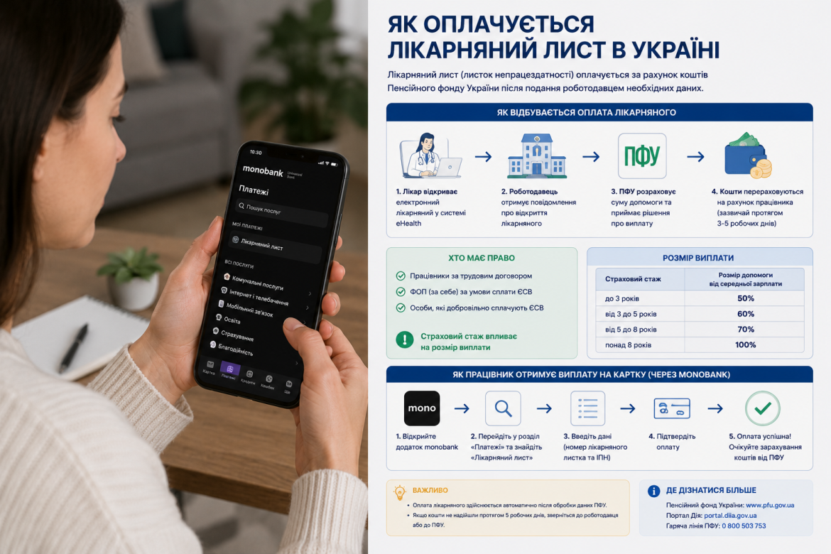 Жінка перевіряє статус лікарняного листа в додатку monobank поряд з інфографікою про порядок виплат