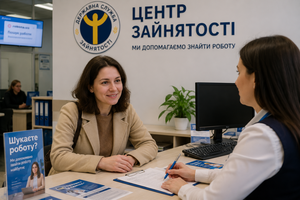 Жінка спілкується з консультантом Державної служби зайнятості за стійкою реєстрації