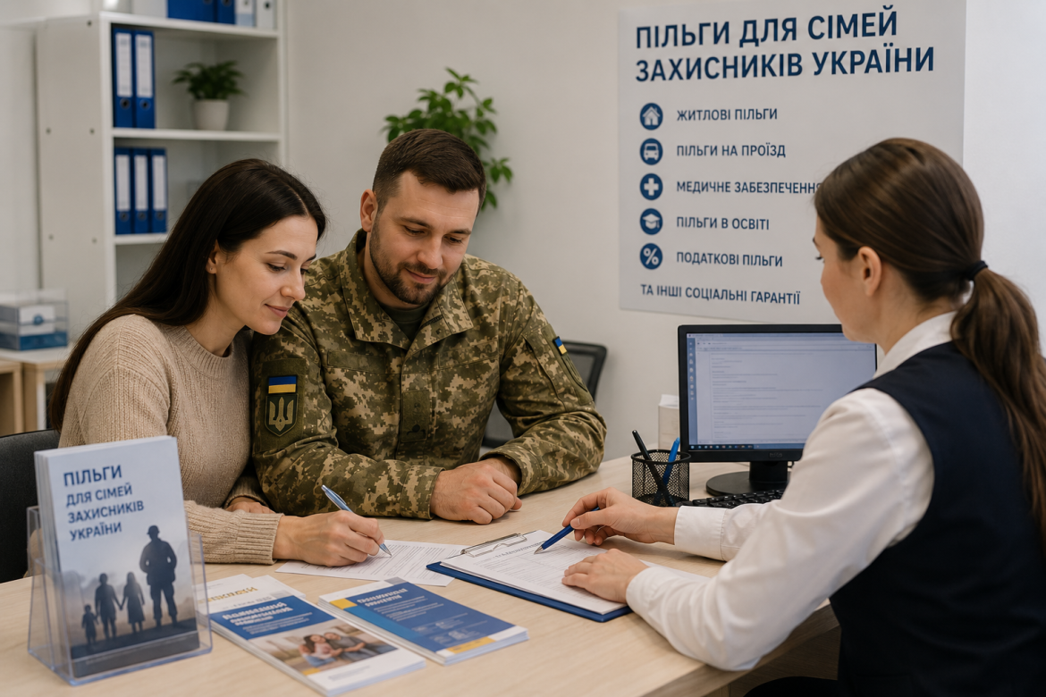 Військовослужбовець з дружиною підписують документи на пільги у відділі соціального захисту
