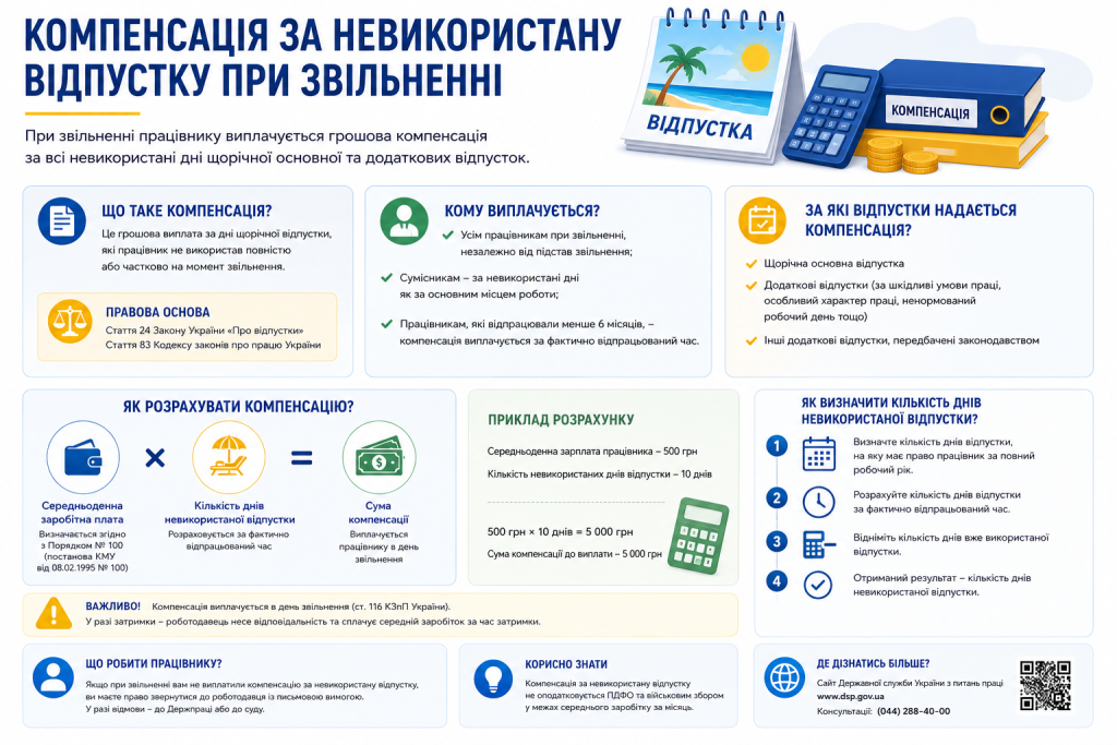 Інфографіка з порядком розрахунку та виплати компенсації за невикористану відпустку при звільненні