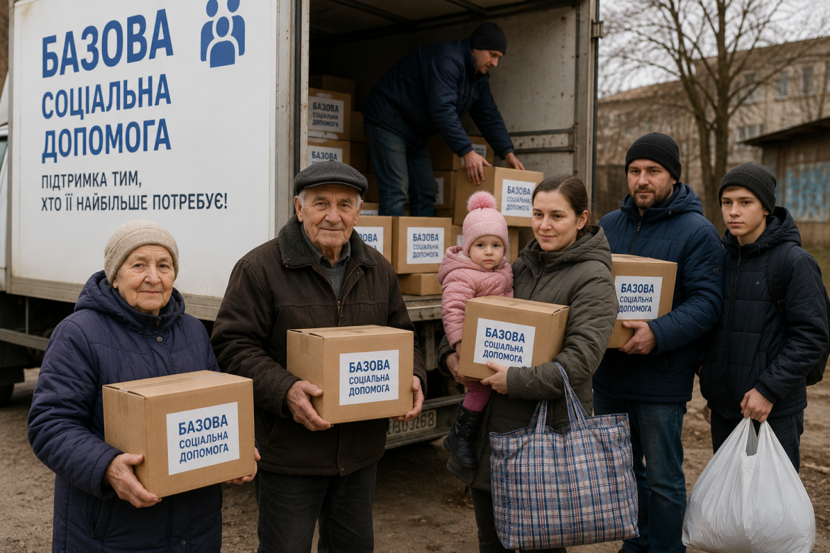 Люди різного віку отримують коробки з базовою соціальною допомогою біля вантажівки