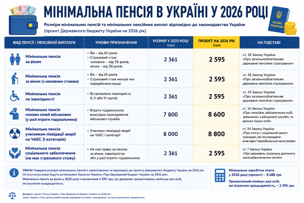 Таблиця з розмірами мінімальних пенсій різних видів в Україні у 2025–2026 роках