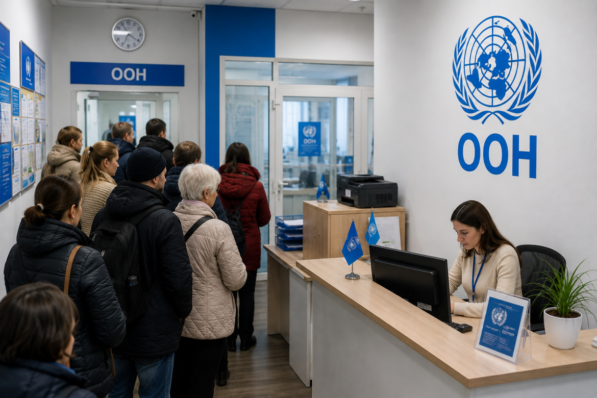 Люди стоять у черзі на реєстрацію в офісі ООН в Україні біля стійки адміністратора