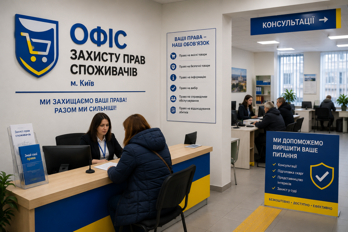 Відвідувачка на консультації у київському офісі захисту прав споживачів біля стійки реєстрації