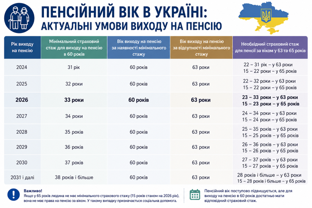Таблиця з умовами виходу на пенсію в Україні за роками з 2024 до 2031, мінімальним стажем та пенсійним віком