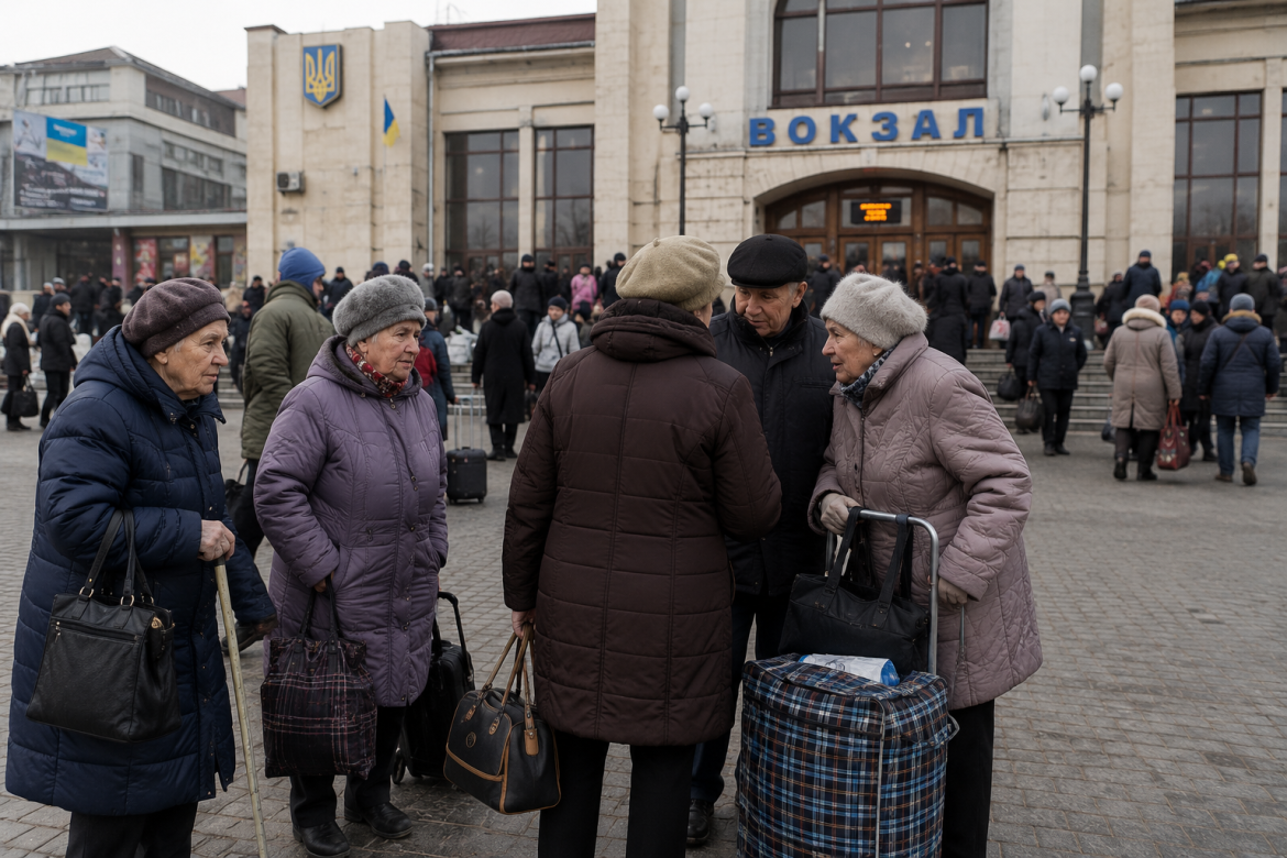 Група літніх людей з речами розмовляють на площі перед українським залізничним вокзалом