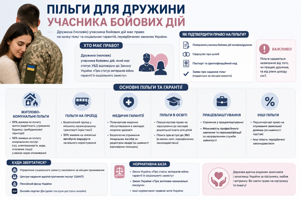Інфографіка з переліком пільг та соціальних гарантій для дружини учасника бойових дій в Україні
