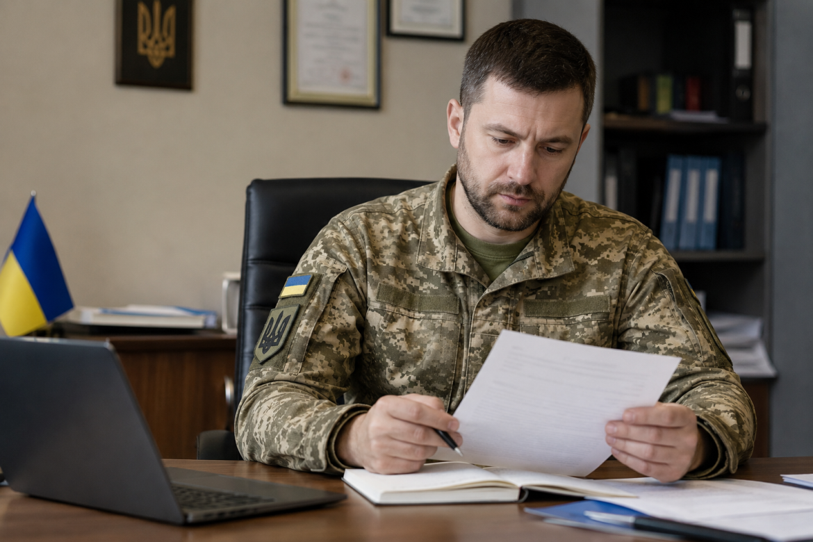 Військовослужбовець ЗСУ вивчає документи за робочим столом у кабінеті з прапором України