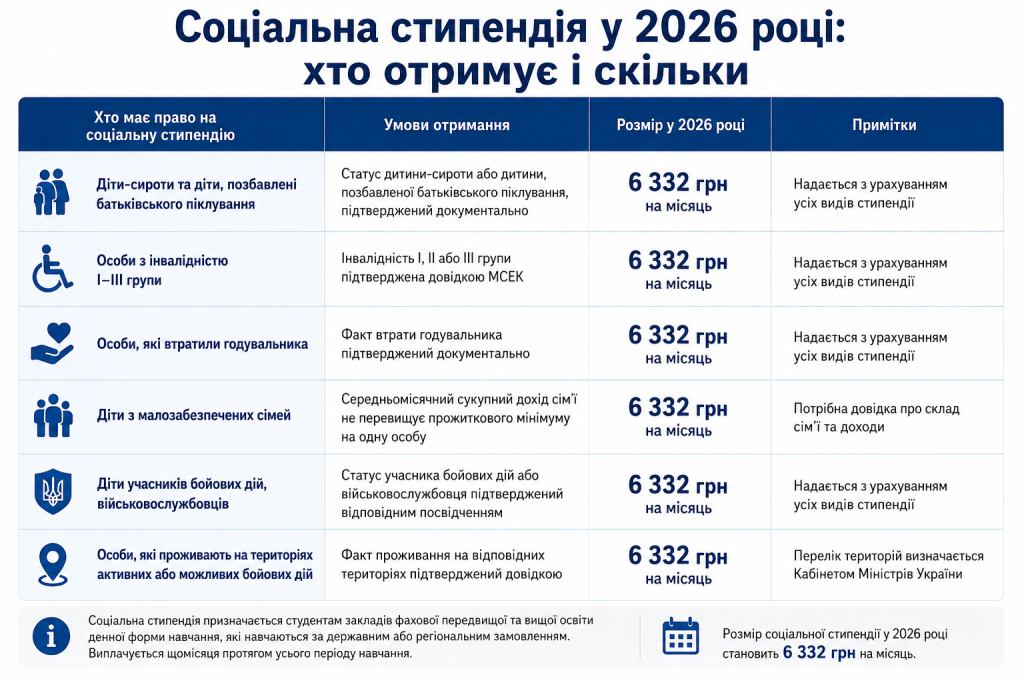 Таблиця з категоріями отримувачів соціальної стипендії 6332 грн у 2026 році та умовами її призначення