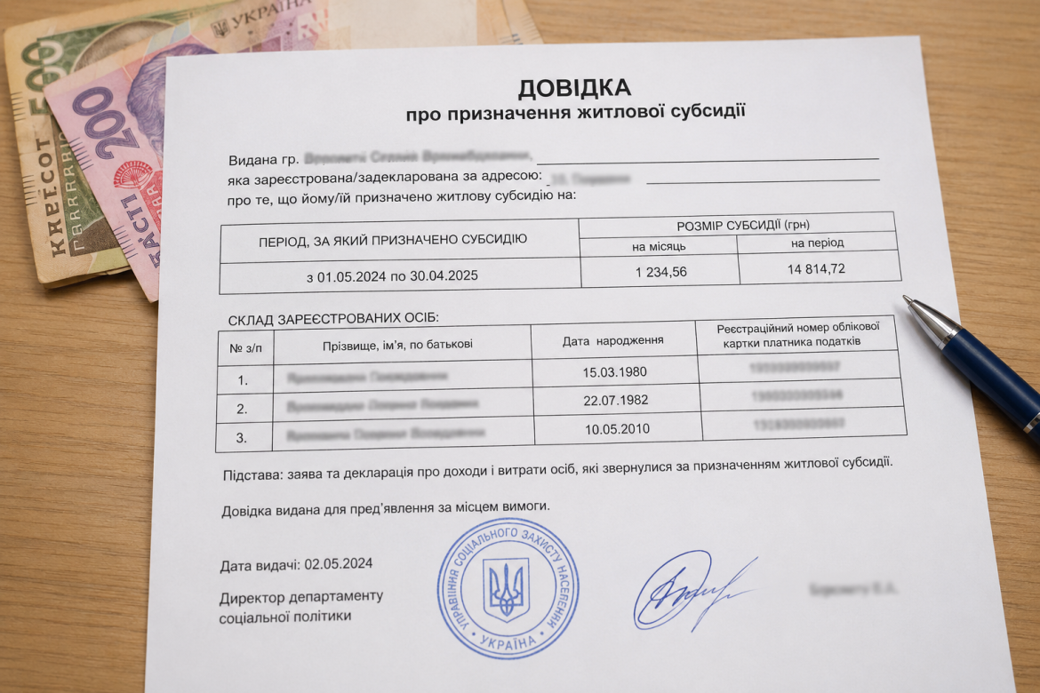 Довідка про призначення житлової субсидії з печаткою органу соціального захисту поряд з українськими гривнями