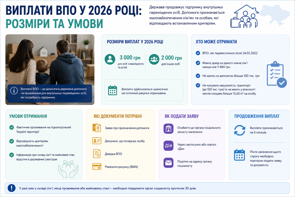 Інфографіка з розмірами щомісячних виплат внутрішньо переміщеним особам у 2026 році та умовами їх отримання