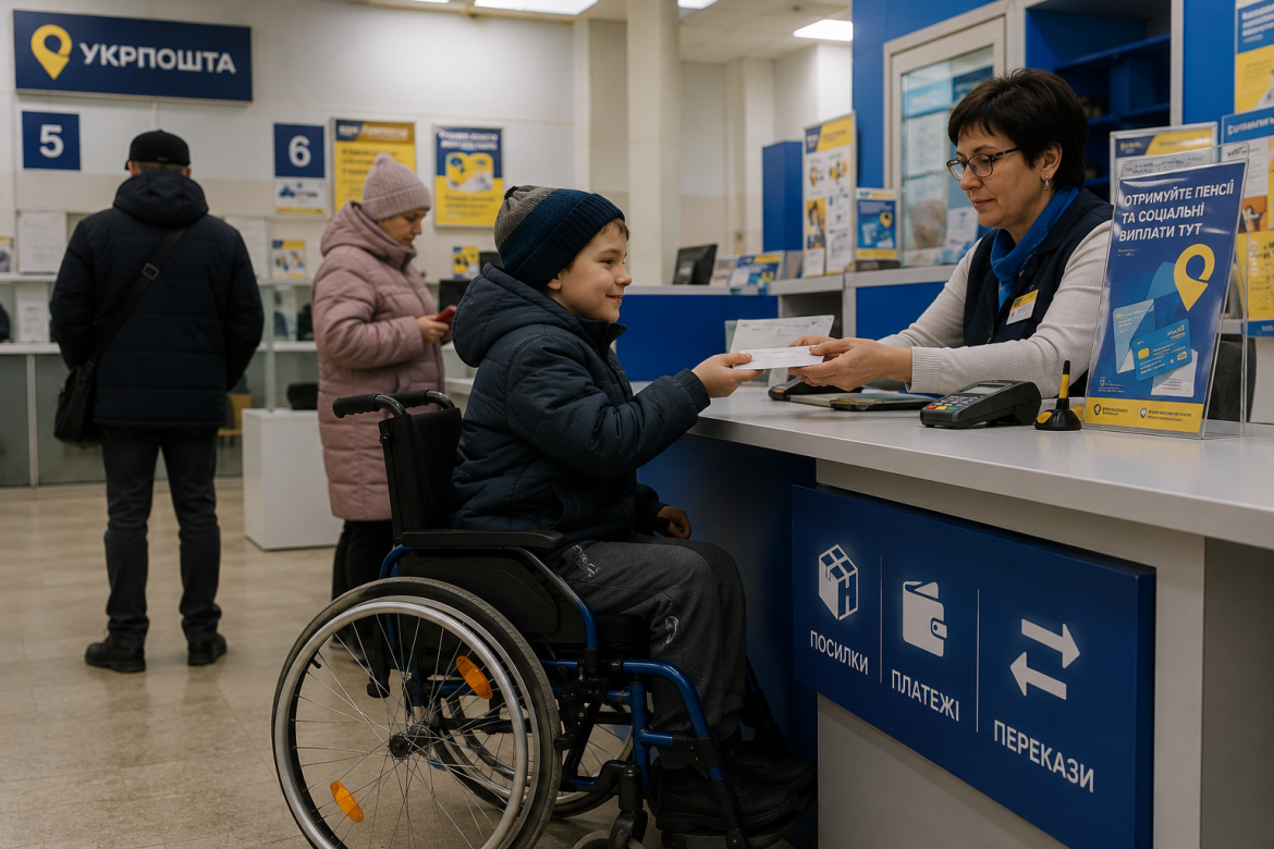 Працівниця Укрпошти обслуговує дитину на кріслі колісному