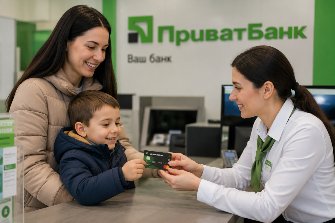 Жінка з сином отримують банківську картку для виплат у відділенні ПриватБанку