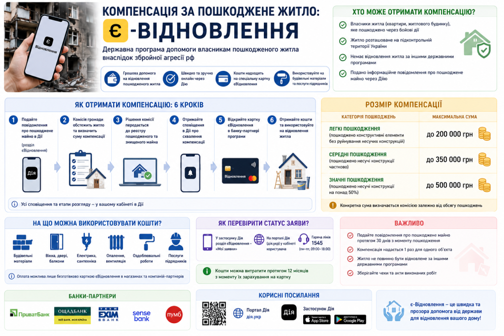 Інфографіка про державну програму єВідновлення з поясненням умов отримання компенсації, етапів подання заявки, розміру виплат та використання коштів.