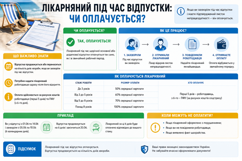 Інфографіка про оплату лікарняного під час відпустки з поясненням процедури та розміру виплат