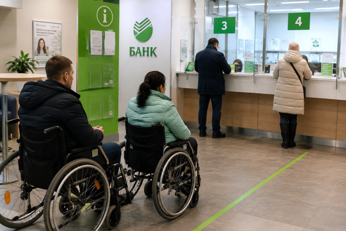 Двоє людей на інвалідних візках очікують у черзі в приміщенні банку