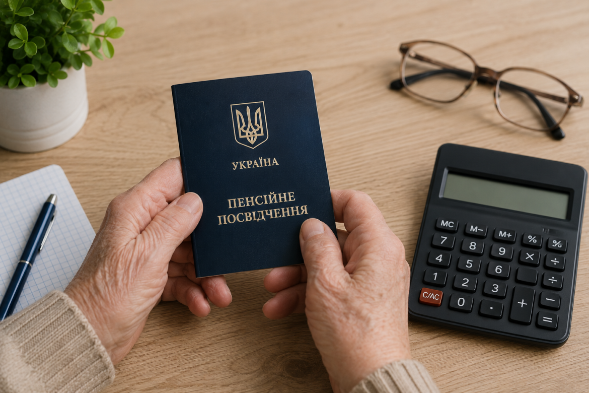 Пенсіонер тримає пенсійне посвідчення України поруч із калькулятором на столі.