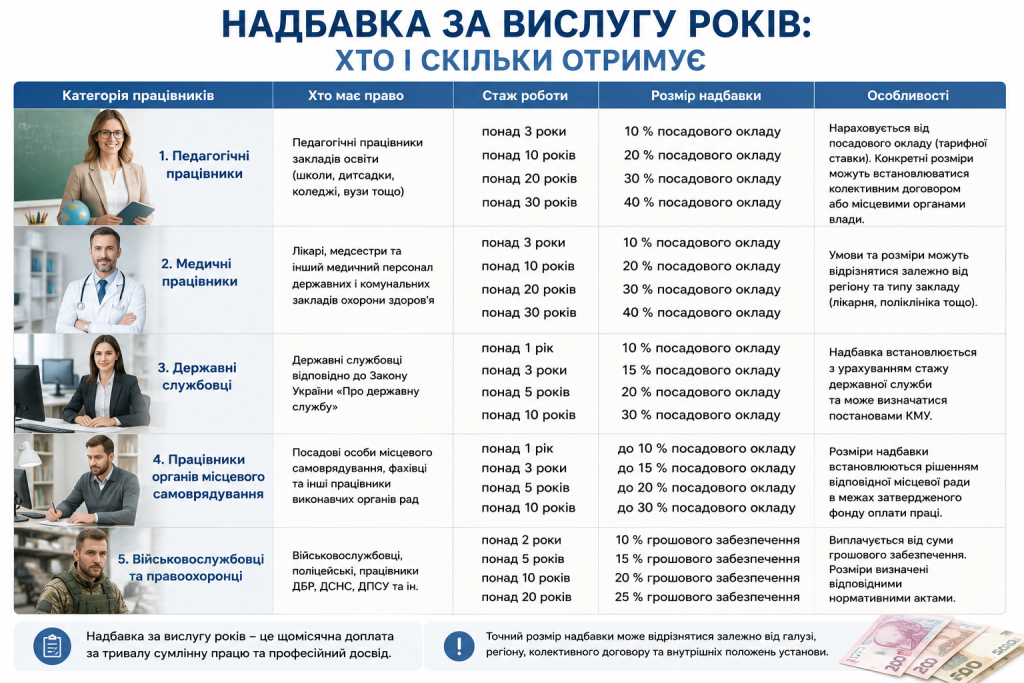 Інфографіка про надбавку за вислугу років для різних категорій працівників, умови отримання та розміри доплат залежно від стажу.