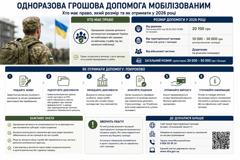 Інфографіка про одноразову грошову допомогу мобілізованим, умови та порядок отримання