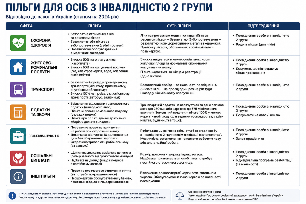 Інфографіка з переліком пільг для людей з інвалідністю 2 групи: охорона здоров'я, ЖКП, транспорт, податки, працевлаштування