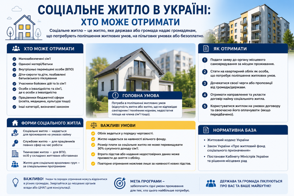 Інфографіка про категорії громадян, умови та порядок отримання соціального житла в Україні