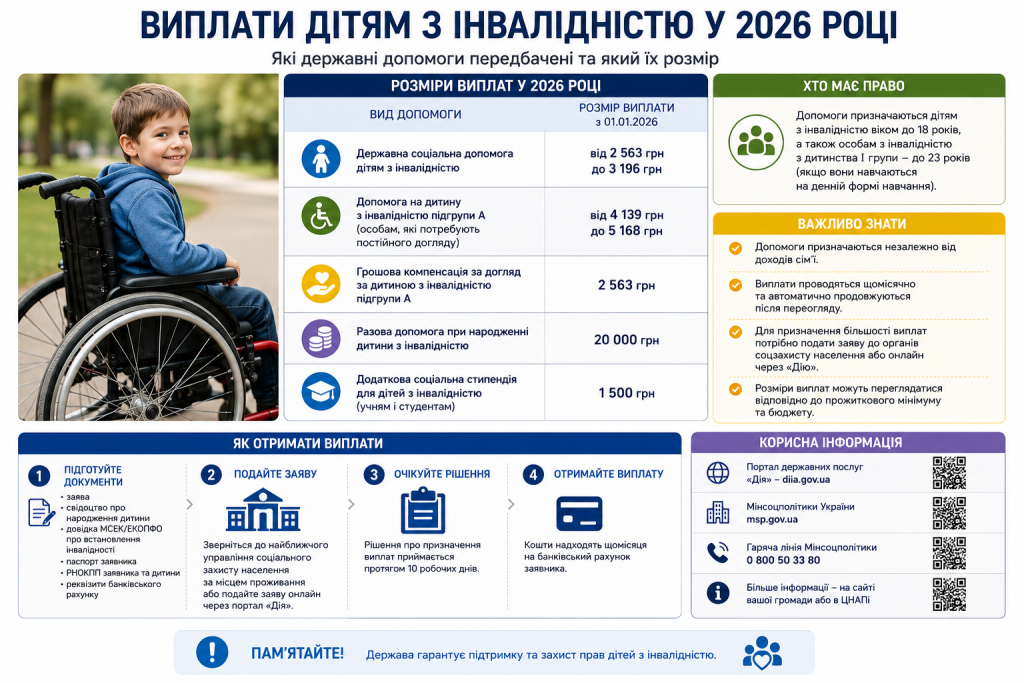 Інфографіка про державні виплати дітям з інвалідністю та порядок оформлення