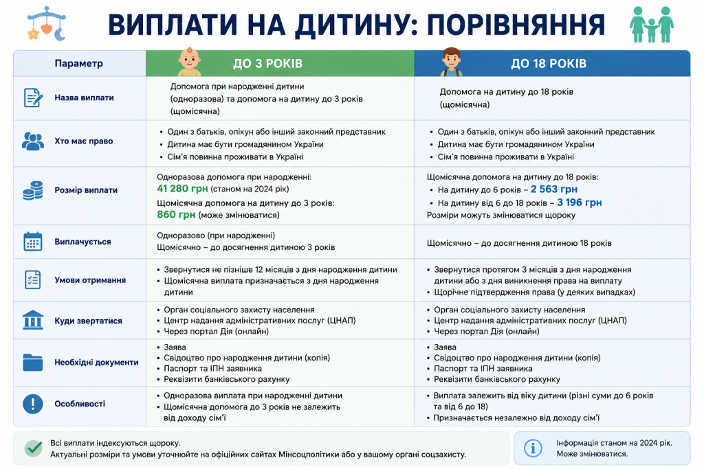 Інфографіка з порівнянням державних виплат на дитину до 3 років і до 18 років в Україні
