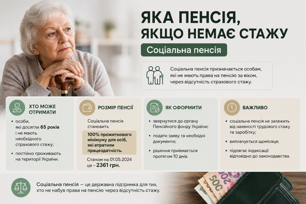 Інфографіка про соціальну пенсію в Україні для людей без необхідного страхового стажу.