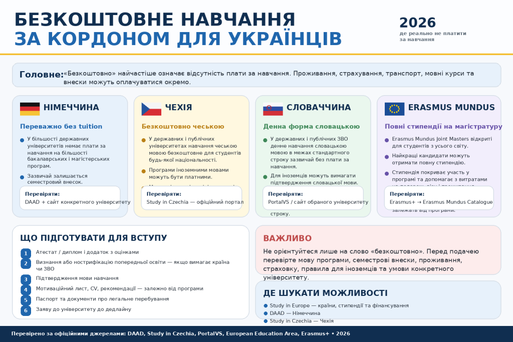 Інфографіка про безкоштовне навчання за кордоном для українців у Німеччині, Чехії, Словаччині та за програмою Erasmus Mundus