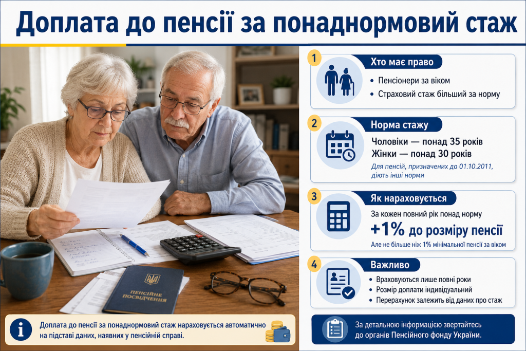 Інфографіка про доплату до пенсії за понаднормовий страховий стаж, умови призначення та порядок нарахування