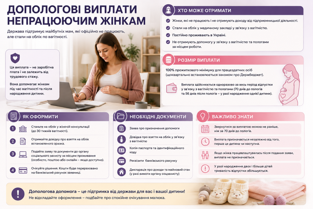 Інфографіка про допологові виплати непрацюючим жінкам, розмір допомоги, документи та порядок оформлення