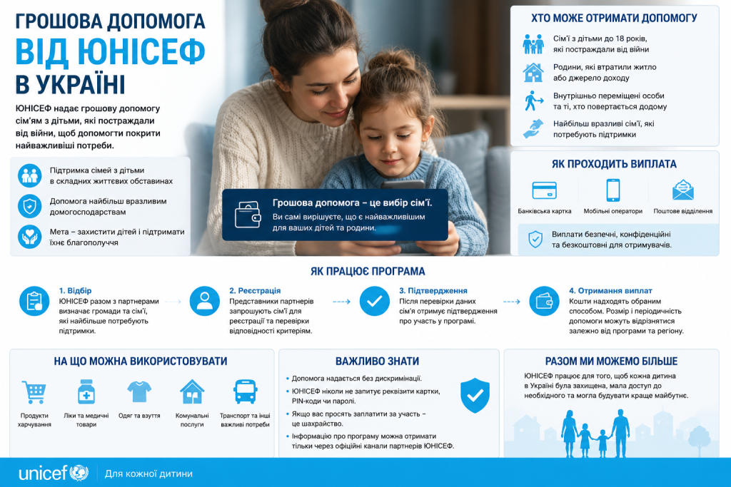 Інфографіка про грошову допомогу ЮНІСЕФ українським сім’ям, умови отримання, способи виплати та можливі витрати.