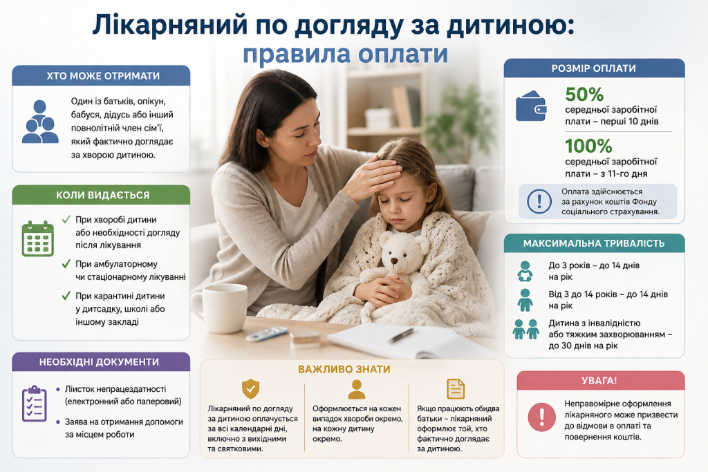 Інфографіка про лікарняний по догляду за хворою дитиною, розмір оплати, максимальну тривалість та необхідні документи.