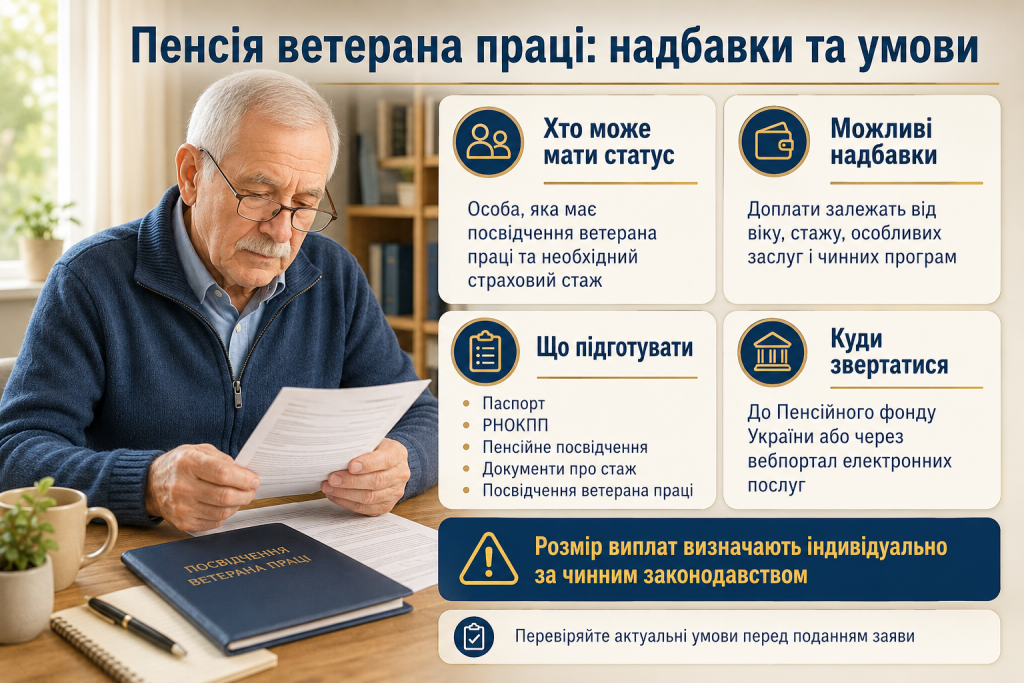 Інфографіка про статус ветерана праці, можливі надбавки до пенсії, документи та порядок звернення
