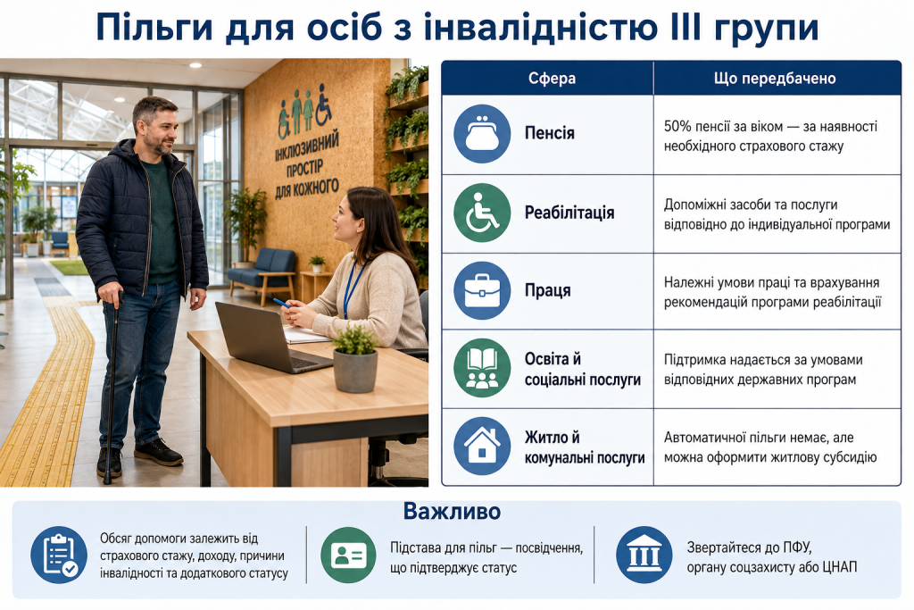 Інфографіка про основні пільги для осіб з інвалідністю III групи в Україні