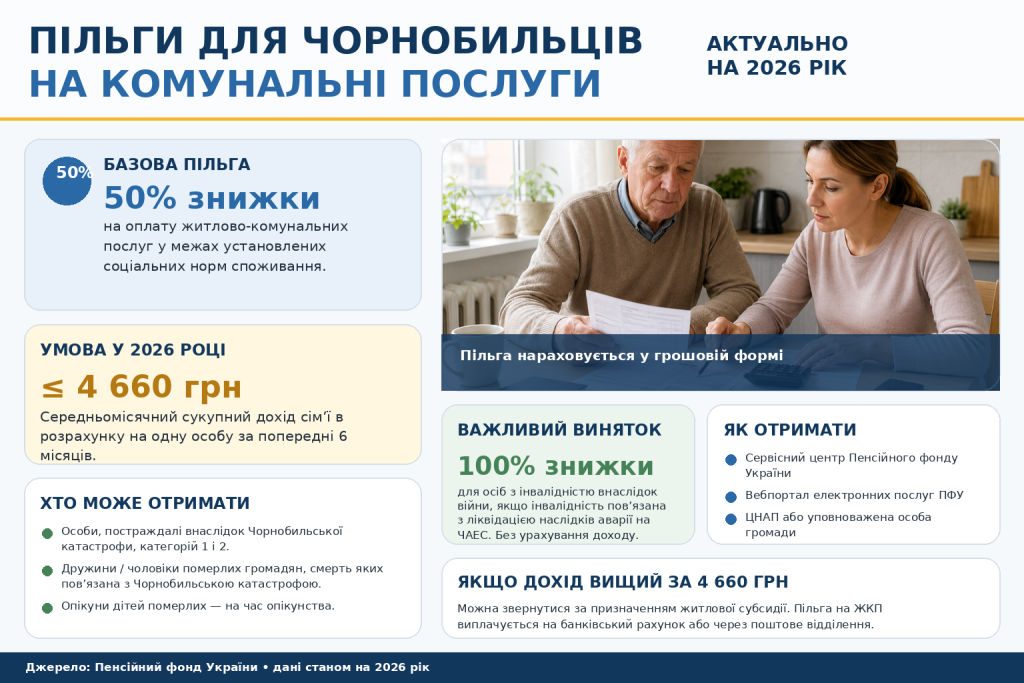 Інфографіка про пільги на житлово-комунальні послуги для постраждалих внаслідок Чорнобильської катастрофи у 2026 році