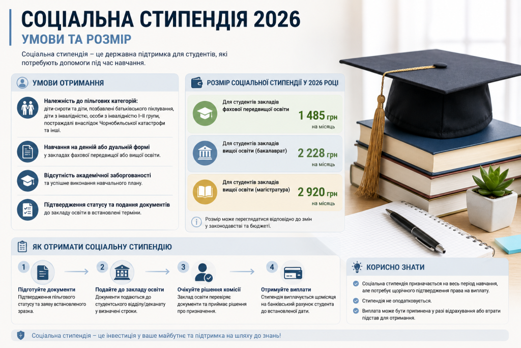 Інфографіка про соціальну стипендію в Україні у 2026 році, умови отримання, категорії студентів, розміри виплат і необхідні документи.