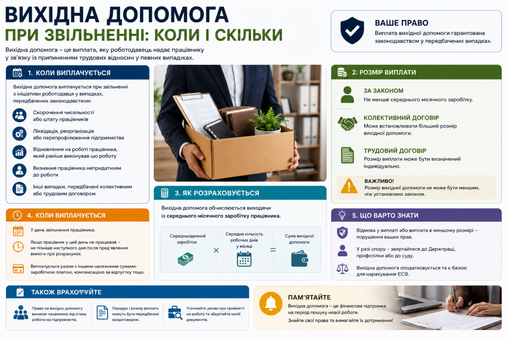Інфографіка про вихідну допомогу при звільненні працівника, умови, розмір, розрахунок і строки виплати