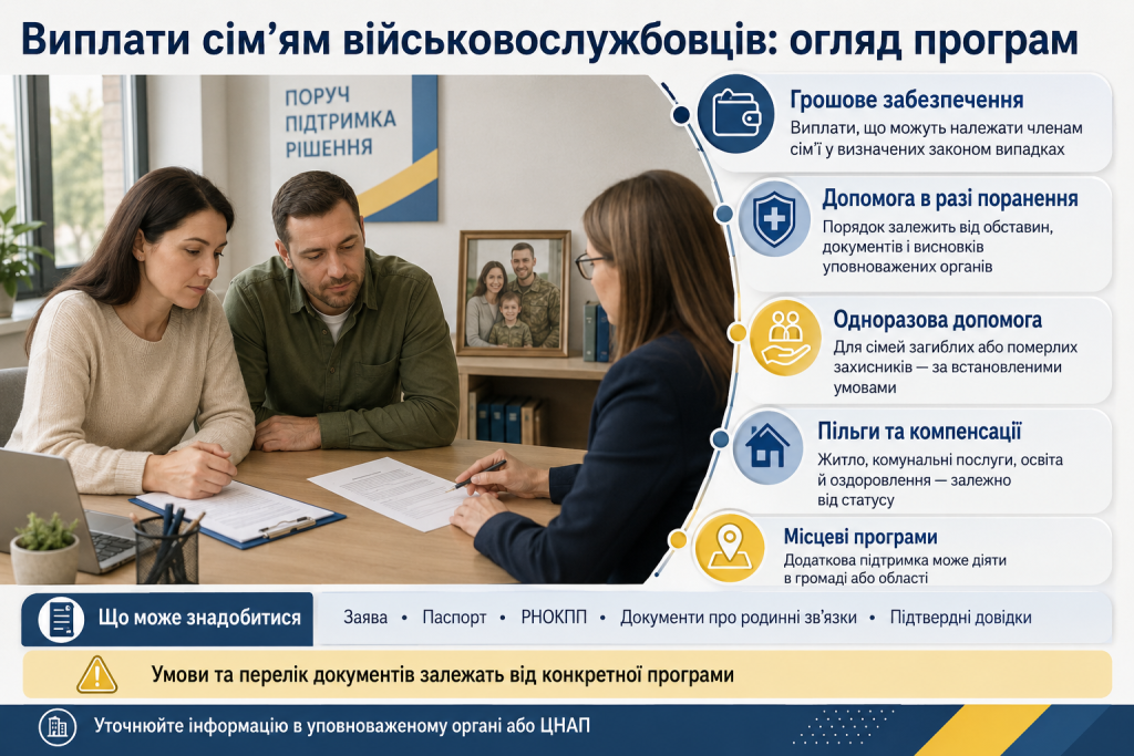 Інфографіка про виплати, одноразову допомогу, пільги та компенсації для сімей військовослужбовців в Україні
