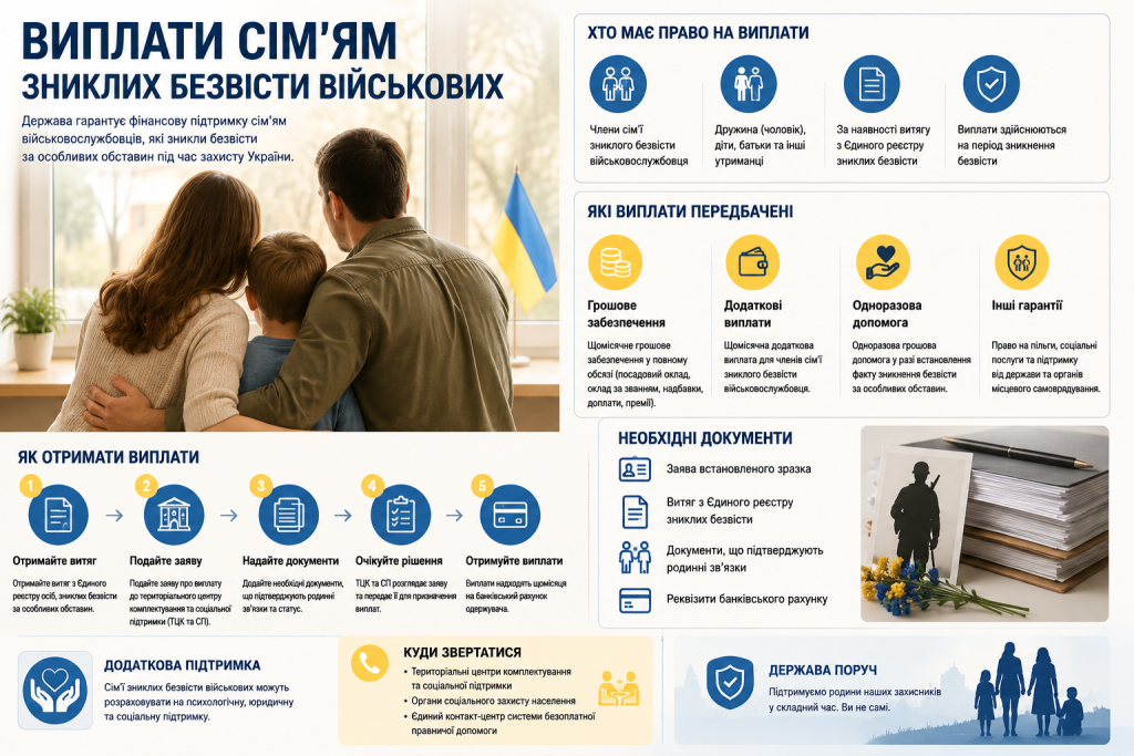 Інфографіка про виплати сім’ям військовослужбовців, зниклих безвісти, необхідні документи, порядок звернення та види допомоги.