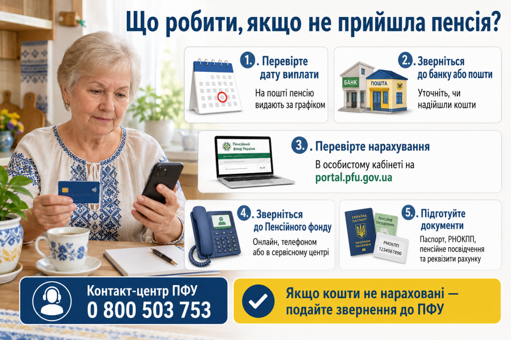 Інфографіка з послідовністю дій у разі затримки пенсії та способами перевірки нарахування через Пенсійний фонд України